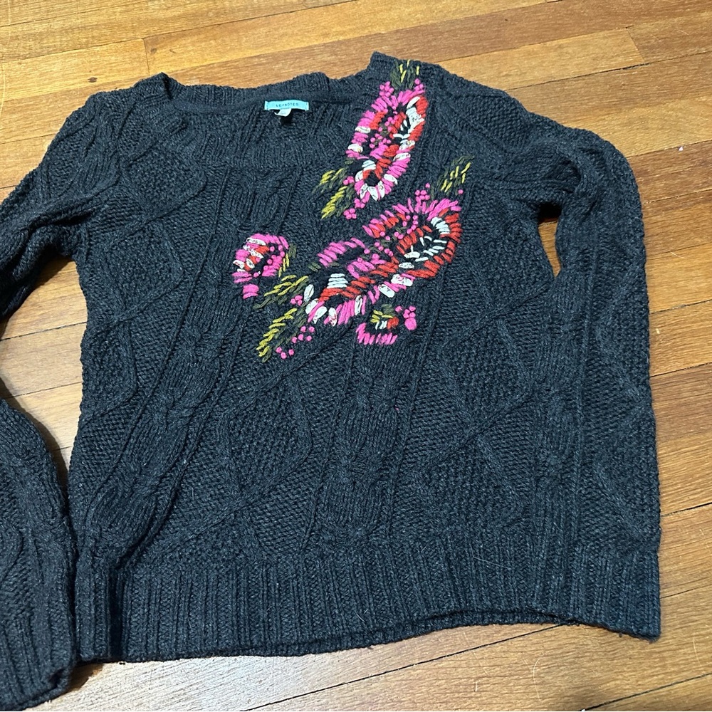 Anthropologie Charcoal Cable Knit Sweater with Pink Floral Embroidery